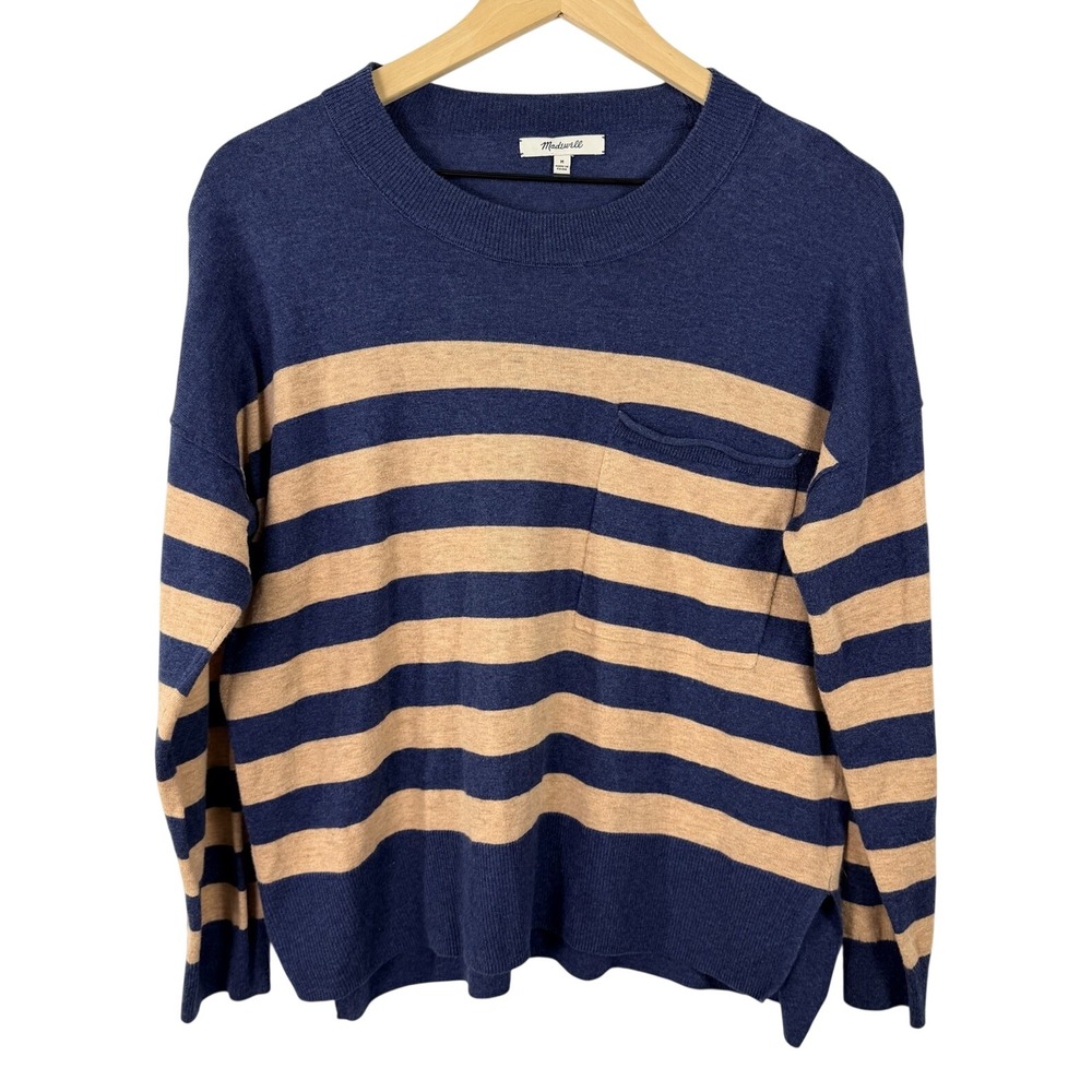Madewell Striped Crewneck Sweater Navy Blue Tan Pocket Medium Womens